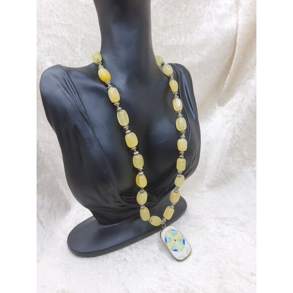 Vintage Natural Yellow Stone Beaded Necklace With Abstract Handcrafted Tile Pend - Picture 3 of 4